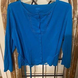 Talbots blue knit cardigan with tie
